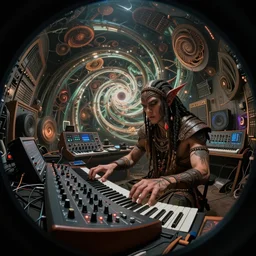 a fisheye lens photo of a post apocalyptic tribal dj tweaking and playing synthesizers in the most complicated and technical spiral fractal musical studio, powerful, cinematic, beautifully lit, by donato giancola, by artgerm, by karol bak, 3 d, perfect face and body, trending on artstation, octane render, 8 k
