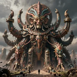 detailed ultrarealistic photography of cyberpunk industrial machine postapocalyptic organic rustic robust tribal cthulhu statue craig mullins, vallejo, moebius, ian miller, wayne barlowe, greg rutkowski, mucha, brian froud, cinematic, full shot, symmetric