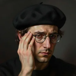 portrait of a male italian artist wearing a beret and glasses, anxiety and depression, intricate, elegant, highly detailed, digital painting, dark background, artstation, concept art, smooth, sharp focus, illustration, by greg rutkowski