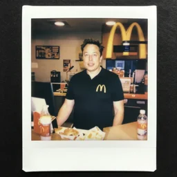a photograph of elon musk working at mcdonalds, polaroid