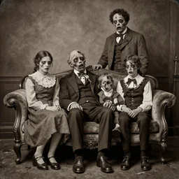rotting corpse, zombie family dressed in victorian style clothes sitting on old sofa, skin peeling off face, portrait, wet plate photography, amazing background, sepia, photorealistic