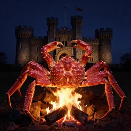 royal king crab in his castle, in 2 0 1 2, bathed in the the glow of a fire, royalcore, low - light photograph, photography by tyler mitchell