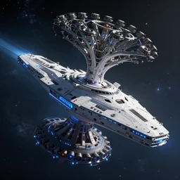 the interstellar cruise ship yggdrasill, a kilometer long tree ship flying through space driven by hawking drive generators and protected by the most complex force shields and erg force fields.
