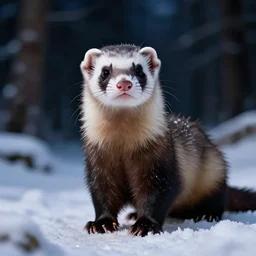 Professional portrait of a ferret in a snowy forest at night, 8k, dslr, cinematic