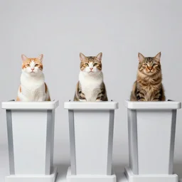 3 cats standing behind the contestant podiums on jeopardy, photorealistic