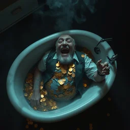 an overhead view of a greedy old man laughing hysterically who is covered in gold coins and laying in a porcelain antique clawfoot bathtub. very dark room, cinematic, smoke, dark, moody, smokey lighting, dimly lit
