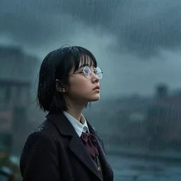 A young girl with glasses looking to the raining sky, cinematic lighting, dramatic atmosphere, by Dustin Nguyen, Akihiko Yoshida, Greg Tocchini, Greg Rutkowski, Cliff Chiang, 4k resolution,  trending on artstation,1900s