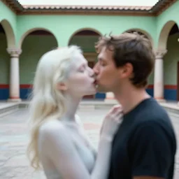 out of focus photorealistic portrait of a beautiful pale woman kissing a man by saul leiter and ernst haas, very blurry, translucent white skin, in an empty decorated pompeii court, airforce blue, red, bright pale green
