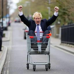 boris johnson excitedly riding downhill in a shopping cart shopping cart shopping cart down a very steep inclined street xf iq 4, f / 1. 4, iso 2 0 0, 1 / 1 6 0 s, 8 k, raw, unedited, symmetrical balance, in - frame