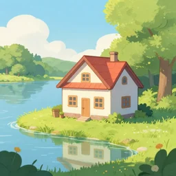 a cute house near a peaceful lake on a sunny summer afternoon, in the style of rhads 4 k