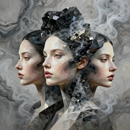 3 d abstract head shot intricate portrait of the three beautiful supermodels female face silhouette mixed with lowpoly acrylic paint and smoke, intricate, elegant, abstract art, giant minerals, black quartz and giant abstract marble painting surrounded by smoke and energy flow. highly detailed. matte painting. octane render, excellent composition, cinematic by wlop, tooth wu, greg rutkowski, beeple