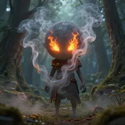 creation from smoke with fire eyes in fantasy forest, character, 4 k, high detail, artstation