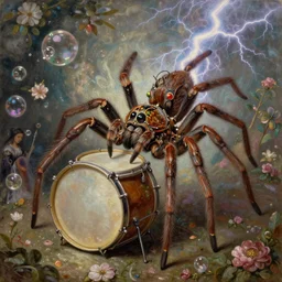 An extremely beautiful pre-raphaelite ornate portrait of a very detailed jumping spider playing drums in a festival, surreal, ultradetailed, intricate, elegant, digital art painting, concept art, smooth, sharp focus, magazine art cover illustration, regal, award winning picture, extremely detailed masterpiece, sense of awe, featured on Artstation, Artgerm, ethereal bubbles, Aetherpunk, atmospheric lightning, Exquisite floral details, 8K detail post-processing, oil painting