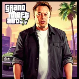elon musk drawn in the art style of grand theft auto 5 promotional art.