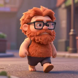 bearded ginger man with glasses as nendoroid walking on a street in the croods movie style, anime, disney, pixar, 8 k, hd, dof, kodak film, volumetric lighting, subsurface scattering, photorealistic, octane render, details