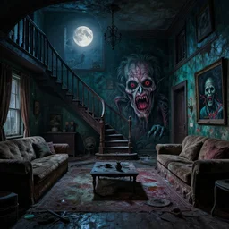cinematic colorful horror artwork by artgerm, beksinski, mark brooks, stephen king ; empty abandoned living room flight of stairs in hallway at night ; moonlit ominous scary, 8 k hdr, creepy intricate ; volumetric dramatic lighting, insanely detailed, haunting