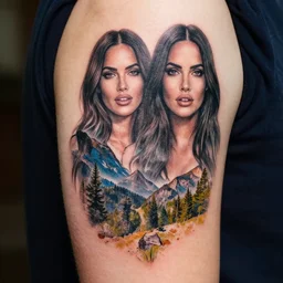 double exposure effect tattoo design of megan fox and beautiful mountain scenery, realistic tattoo sketch, in the style of brandon kidwell