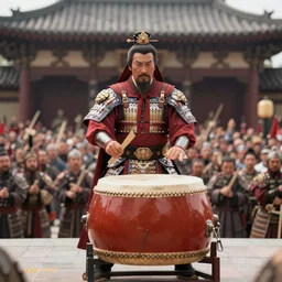 an ancient Chinese general in armor playing drums in front of the audience by Leng Jun,4k