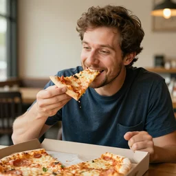 happy man eating pizza