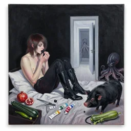 realistic painting of messy artist's bedroom with black walls, emo artist eating blackberries, knife, paint tubes, a liminal doorway to the future, high black boots, pomegranate, a black pig, courgette, black octopus, sensual, surrealist, acrylic and oilstick on canvas