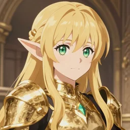a anime elf wearing golden armor, detailed face, blonde, by greg rutkowski, mandy jurgens