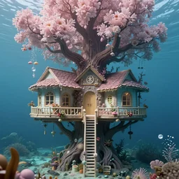 underwater tree house, full - body : : symmetrical, eerie, insanely detailed, hypermaximalist, elegant, hyper realistic, super detailed, pastel colors, cinematic, unreal engine, 8 k,