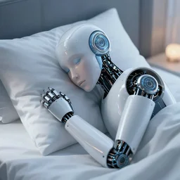 { artificially intelligent robot waking up and becoming aware of their own existence too early in the morning }, humor image drawn by self - aware stable score - based generative inverse diffusion model ( me )