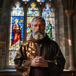 double exposure of a bearded benedictine abbot blending into a beautiful stained glass window in the style of true detective