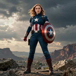 Photorealistic art of Elizabeth Olsen as Captain America, full body, action shot, high definition, cinematic, realistic