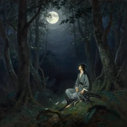 wuxia, forest, moonlight, painting by gaston bussiere, craig mullins, j. c. leyendecker