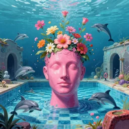 liminal space, sunken ruins of a pink mannequin head, tim hildebrandt, trending on artstation, highly detailed, vaporwave surreal ocean, dolphins, pool, checkerboard pattern underwater, cuastics, award winning masterpiece with incredible details, artstation, a surreal vaporwave vaporwave painting by thomas cole, flowers growing out of its head, sinking underwater, highly detailed