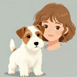 a wire haired jack russell terrier puppy, white with brown patches over both eyes next to a seven year old girl with short wavy curly light brown hair. highly detailed. clean cel shaded vector art by lois van baarle, artgerm, helen huang, by makoto shinkai and ilya kuvshinov, rossdraws, illustration, art by ilya kuvshinov