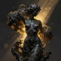 epicillustration, abstract sculpture of beautiful female body and black swirling liquifying acrylic portrait, curly fluffy clouds, glowing edges, golden hour, beautiful light, sculpture of carving marble, dark colors, dark mood, one point light, golden spirals, clockwork, epic matte painting, concept art, bokeh, digital painting
