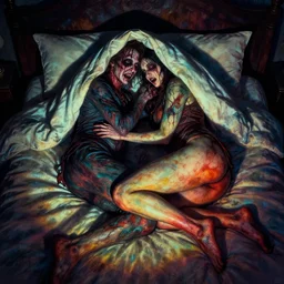 cinematic colorful horror artwork by artgerm, and mark brooks ; real life full portrait of james and his wife teri mating lying on bed hiding under blankets rimlight ; melancholy haunting ; 8 k hdr, creepy intricate, long shadows ; volumetric dramatic lighting, insanely detailed