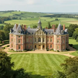 matte painting of a countryside landscape of a noble estate with xix century manor. brick, opulent, verdant lawn. fantastical, elaborate, sharp focus, smooth detailed digital art trending in artstation