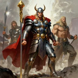 god of thunder wearing armor by simon bisley, john blance, frank frazetta, fantasy, barbarian
