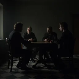 covert shadow figures of men in a dark room with a chequered floor conversing around a table in secrecy, moody and atmospheric, dramatic scene, dimly lit room, cgsociety, 8k resolution, trending on artstation, octane render by Quint Buchholz, Pieter Claesz and edward hopper