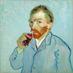 oil on canvas of fashional vincent van gogh drinking cocacola in stary night style, modern, detailed, by vincent van gogh