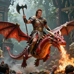 panoramic film still of a very handsome arnold schwarzenegger as conan, asymmetric, full body view and focus of high detailed photo realistic face, wearing ancient barbarian armor, mounted on top of a flying red dragon with glowing yellow eyes, breathing and blowing fire down on his enemies, centered, rule of thirds photo, hyper realistic, forest temple in the background, sharp focus, intricate oil painting, golden axe