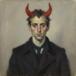 expressive portrait of a man dressed as the devil, impasto painting, muted colors, artwork by alice neel