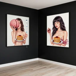 an empty apartment with black walls and a portrait of a female art student holding a brain, iv drip, pomegranate, sensual, femme, high voltage, pancakes, berries, octopus, surgical supplies, skull, scientific glassware, art materials, candle dripping wax, berry juice drips, neo - expressionism, surrealism, acrylic and spray paint and oilstick on canvas