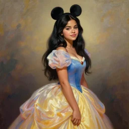 beautiful woman with long black hair, tan skin, hourglass figure, round cute face, slightly resembles selena gomez, wearing a colorful disney princess gown with mickey mouse ears headband. beautiful painting by artgerm and greg rutkowski and bouguereau