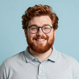 pleasant, happy, mildly - overweight, nerdy man character portrait, wearing polo shirt, dark auburn wavy hair, full beard, glasses without frames, freckles, by don bluth, highly detailed, dynamic shadows, 4 k, wallpaper - 1 0 2 4