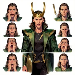 The artwork is conceptual artwork for a graphic novel that shows Loki, the god of mischief, in a variety of emotional states. Lee Garbett created the artwork.