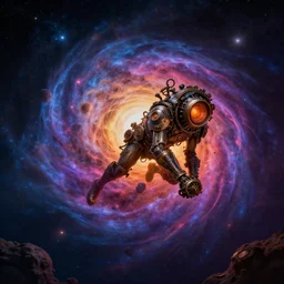 a collision of dimensions at the horizon, celestial aesthetics, colorful, dramatic lighting, de-noise, ultra realism, dark fantasy mixed with steampunk, 8k,
