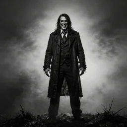 Ted Cruz with a wide grin standing on a hill, black and white, creepy lighting, foggy atmosphere, scary, horror, ornate, eerie, fear