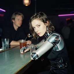 a cyborg girl leaning against the counter in a night club staring at the camera, a photograph by Aki Kaurismäki and Christopher Doyle.
