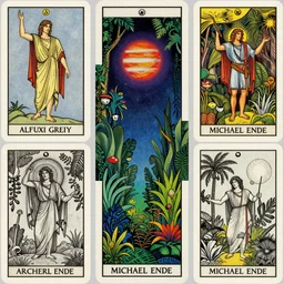 1968 psychedelic, tarot cards, cut out collage, neon Greek, dusk on Jupiter, epic theater, deep jungle texture, aquatic plants, Jugendstil drawings, in part by Alex Grey, part by Moebius, composition William S Boroughs, written by Michael Ende