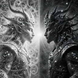 the battle of light and dark, gemini, fantasy character portrait made of fractals, facing each other, ultra realistic, wide angle, intricate details, the fifth element artifacts, highly detailed by peter mohrbacher, hajime sorayama, wayne barlowe, boris vallejo, aaron horkey, gaston bussiere, craig mullins