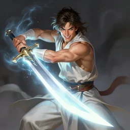 character concept portrait of happy Aaron Taylor Johnson as a warrior attacking with a glowing sword. Magic aura, fit, abs, robes, elegant, dynamic perspective, digital painting, concept art, smooth, sharp focus, illustration, from Metal Gear, by Ruan Jia and Mandy Jurgens and William-Adolphe Bouguereau, Artgerm